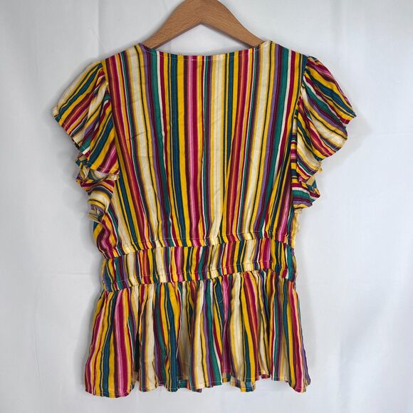 Jessica Simpson Rainbow Striped Flutter Sleeve Peplum Vneck Top Size Small - Picture 2 of 8